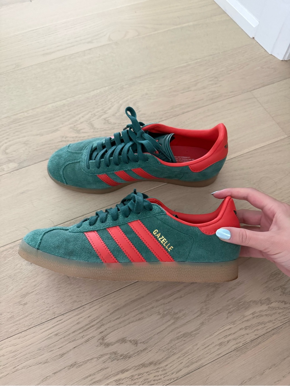 US 9.5 W / US 8 M Adidas Green Suede Gazelle Sneakers with Orange Accents